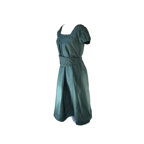 Hoss Intropia Hunter Green Silk Belted Midi Dress Cummerbund Tie Size 36 Medium - Picture 6 of 8